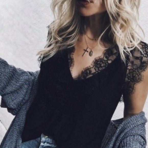 Bellanblue Tops - boho black v neck lace detail tank top